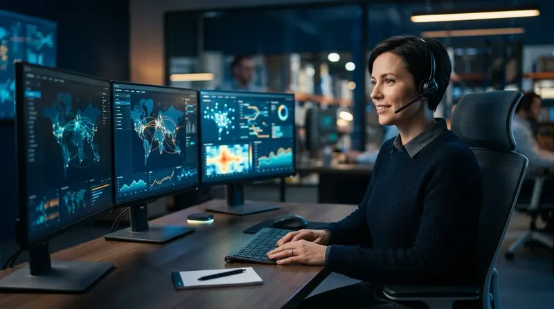 A dispatcher at a desk with the dispatch board open on two screens