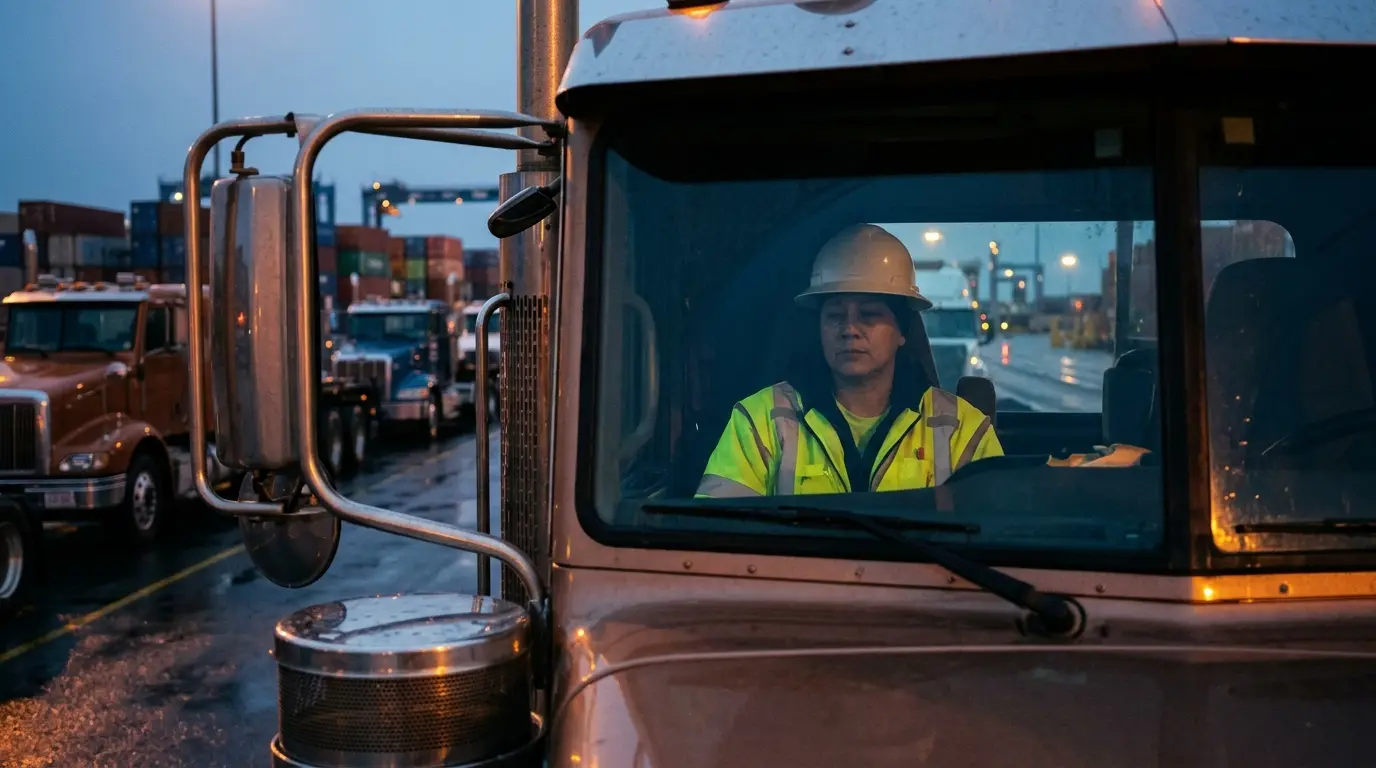 A truck driver in a hard hat and hi-vis vest waiting in the cab in a line of trucks at a container terminal at dusk