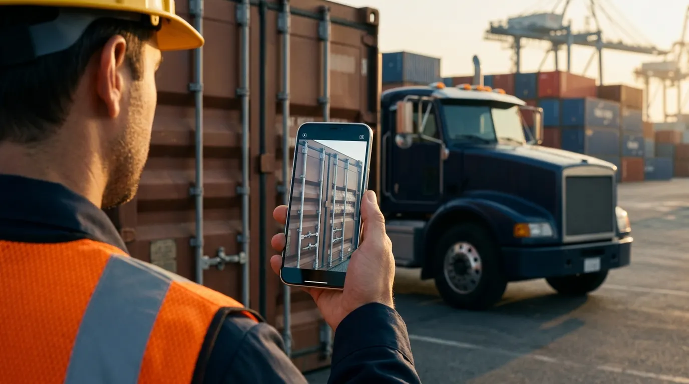 A driver in a hi-vis vest photographing a container door with a smartphone, a long-nose truck behind