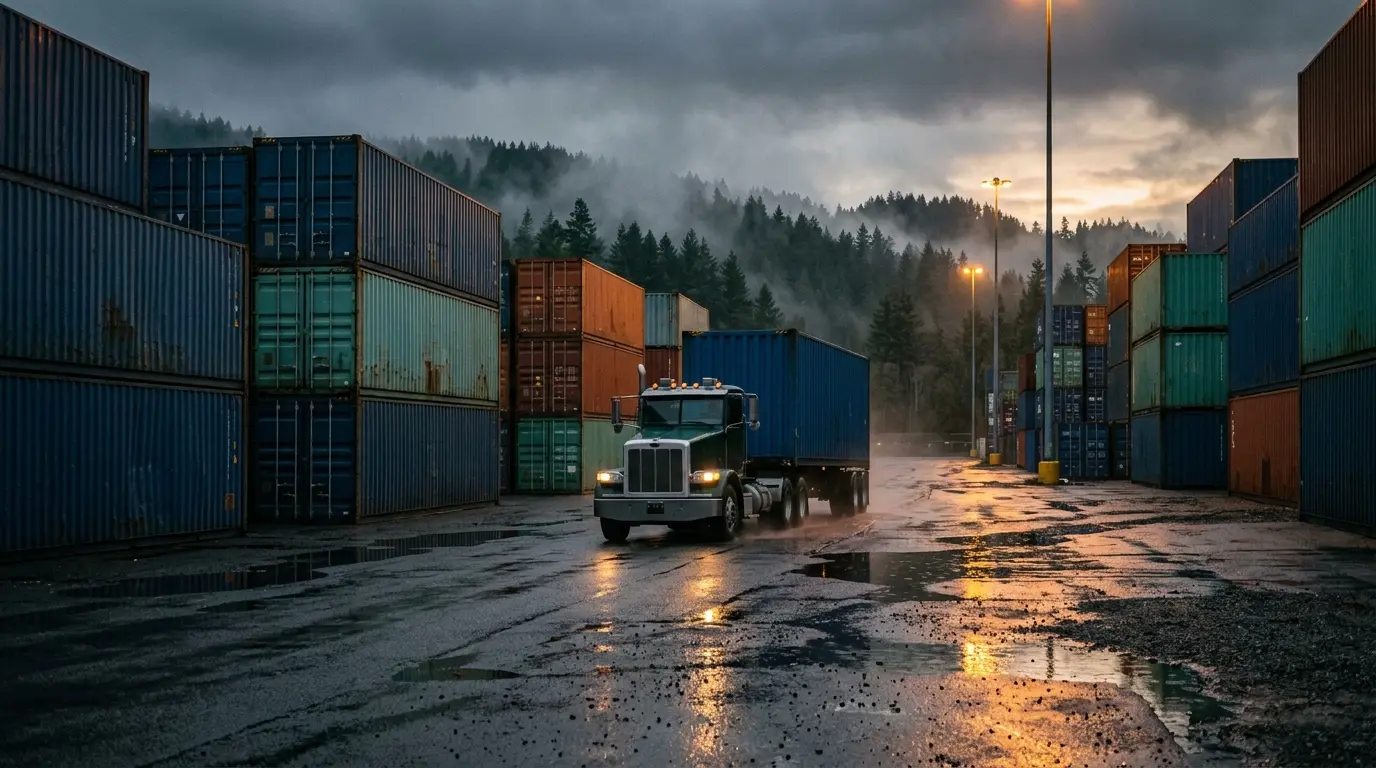 A long-nose truck hauling a container through a wet depot yard stacked with containers at dusk