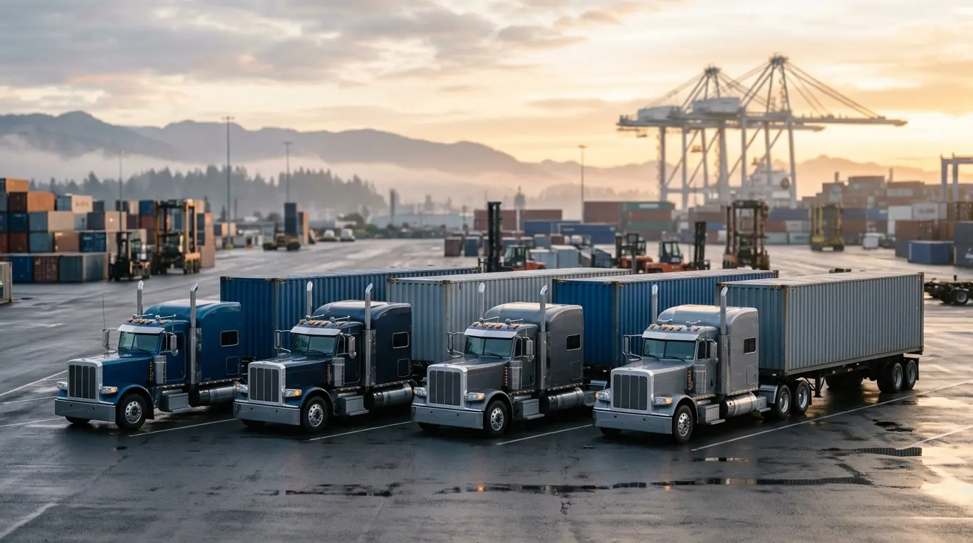 A row of long-nose container trucks parked side by side in a container yard at sunrise