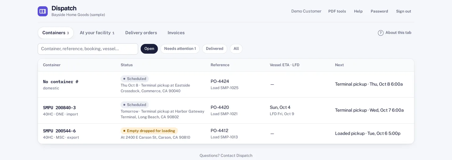 The customer portal listing a customer&rsquo;s containers with status, reference, vessel ETA, last free day and the next step