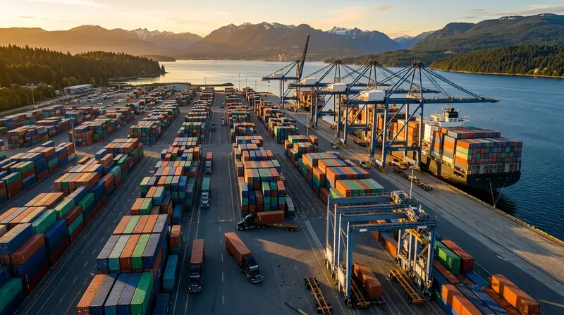 Aerial view of a waterfront container yard at golden hour, with a ship at the berth and mountains across the water