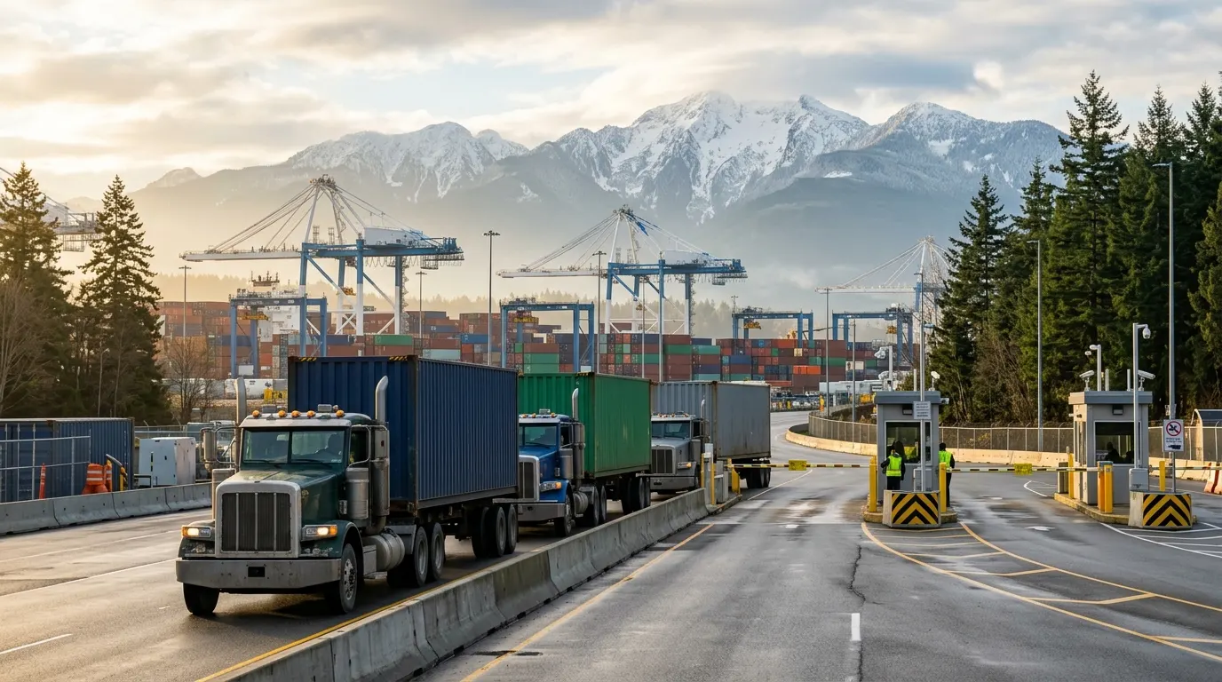 Three long-nose container trucks lined up at a terminal entry gate in the morning, with cranes and snow-capped mountains behind